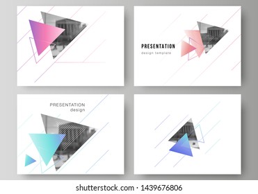 The minimalistic abstract vector illustration of the editable layout of the presentation slides design business templates. Colorful polygonal background with triangles with modern memphis pattern.
