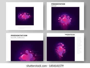 The minimalistic abstract vector illustration of the editable layout of the presentation slides design business templates. Black background with fluid gradient, liquid pink colored geometric element.