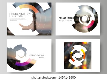 Minimalistic abstract vector illustration of editable layout of the presentation slides design business templates. Futuristic design circular pattern, circle elements forming geometric frame for photo