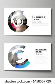 The minimalistic abstract vector illustration of editable layout of two creative business cards design templates. Futuristic design circular pattern, circle elements forming geometric frame for photo.