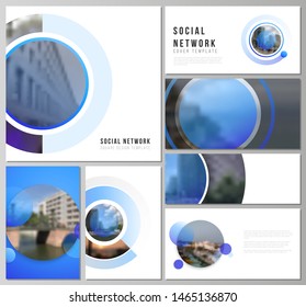 The minimalistic abstract vector illustration of the editable layouts of modern social network mockups in popular formats. Creative modern blue background with circles and round shapes.