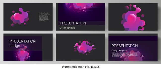 The minimalistic abstract vector illustration of the editable layout of the presentation slides design business templates. Black background with fluid gradient, liquid pink colored geometric element.