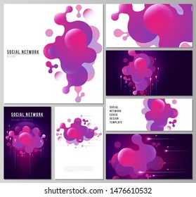 The minimalistic abstract vector illustration of the editable layouts of modern social network mockups in popular formats. Black background with fluid gradient, liquid pink colored geometric element.
