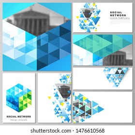 The minimalistic abstract vector illustration of the editable layouts of modern social network mockups in popular formats. Blue color polygonal background with triangles, colorful mosaic pattern.