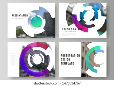 Minimalistic abstract vector illustration of editable layout of the presentation slides design business templates. Futuristic design circular pattern, circle elements forming geometric frame for photo