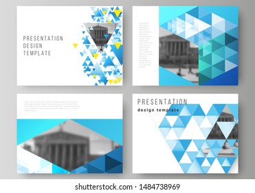 The minimalistic abstract vector illustration of the editable layout of the presentation slides design business templates. Blue color polygonal background with triangles, colorful mosaic pattern.