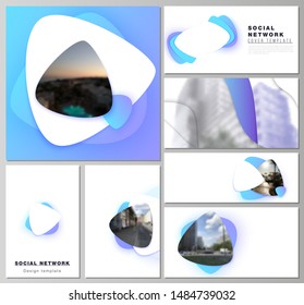 The minimalistic abstract vector illustration of editable layouts of modern social network mockups in popular formats. Blue color gradient abstract dynamic shapes, colorful geometric template design.
