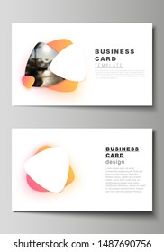 The minimalistic abstract vector illustration of the editable layout of two creative business cards design templates. Yellow color gradient abstract dynamic shapes, colorful geometric template design.