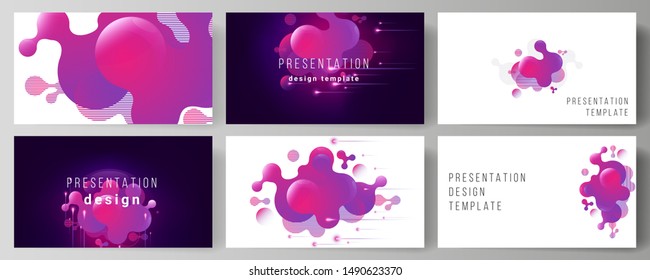 The minimalistic abstract vector illustration of the editable layout of the presentation slides design business templates. Black background with fluid gradient, liquid pink colored geometric element.