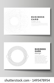 The minimalistic abstract vector illustration of editable layout of two creative business cards design templates. Trendy modern science or technology background with dynamic particles. Cyberspace grid