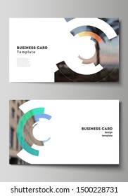 The minimalistic abstract vector illustration of editable layout of two creative business cards design templates. Futuristic design circular pattern, circle elements forming geometric frame for photo