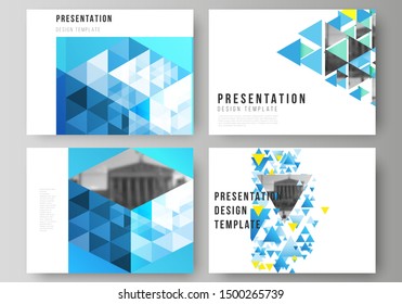 The minimalistic abstract vector illustration of the editable layout of the presentation slides design business templates. Blue color polygonal background with triangles, colorful mosaic pattern.
