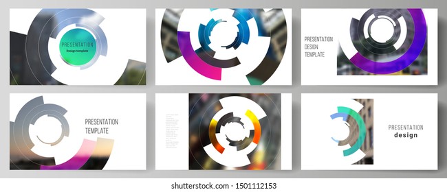 Minimalistic abstract vector illustration of editable layout of the presentation slides design business templates. Futuristic design circular pattern, circle elements forming geometric frame for photo