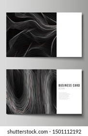 The minimalistic abstract vector illustration of the editable layout of two creative business cards design templates. 3D grid surface, wavy vector background with ripple effect.