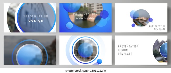 The minimalistic abstract vector illustration of the editable layout of the presentation slides design business templates. Creative modern blue background with circles and round shapes.