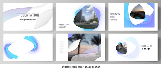 The minimalistic abstract vector illustration of the editable layout of the presentation slides design business templates. Blue color gradient abstract dynamic shapes, colorful geometric template