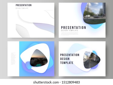 Minimalistic abstract vector illustration of the editable layout of the presentation slides design business templates. Blue color gradient abstract dynamic shapes, colorful geometric template design.