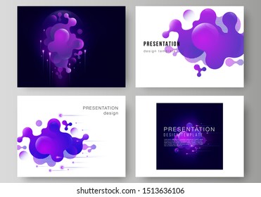 The minimalistic abstract vector illustration of the editable layout of the presentation slides design business templates. Black background with fluid gradient, liquid blue colored geometric element.