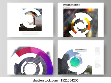 Minimalistic abstract vector illustration of editable layout of the presentation slides design business templates. Futuristic design circular pattern, circle elements forming geometric frame for photo