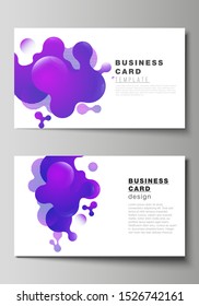 The minimalistic abstract vector illustration of the editable layout of two creative business cards design templates. Black background with fluid gradient, liquid blue colored geometric element.