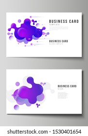 The minimalistic abstract vector illustration of the editable layout of two creative business cards design templates. Background with fluid gradient, liquid blue colored geometric element.