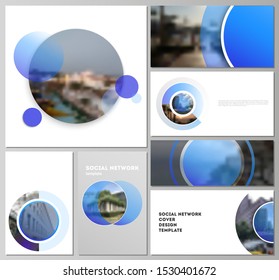 The minimalistic abstract vector illustration of the editable layouts of modern social network mockups in popular formats. Creative modern blue background with circles and round shapes.