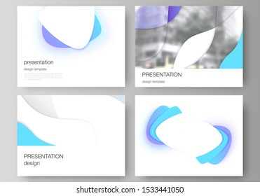 The minimalistic abstract vector illustration of editable layout of the presentation slides design business templates. Blue color gradient abstract dynamic shapes, colorful geometric template design.