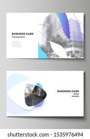 The minimalistic abstract vector illustration of the editable layout of two creative business cards design templates. Blue color gradient abstract dynamic shapes, colorful geometric template design.