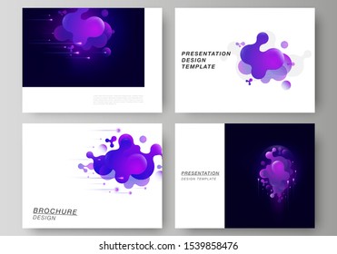 The minimalistic abstract vector illustration of the editable layout of the presentation slides design business templates. Black background with fluid gradient, liquid blue colored geometric element.