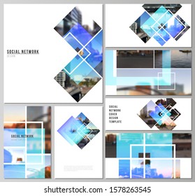 The minimalistic abstract vector illustration of the editable layouts of modern social network mockups in popular formats. Creative trendy style mockups, blue color trendy design backgrounds.