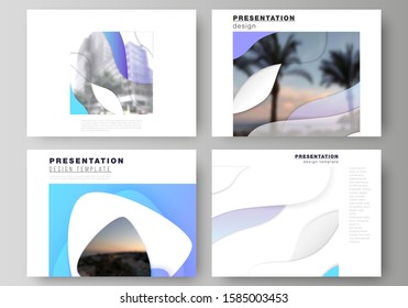 The minimalistic abstract vector illustration of editable layout of the presentation slides design business templates. Blue color gradient abstract dynamic shapes, colorful geometric template design.