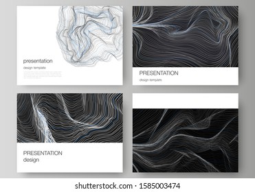 The minimalistic abstract vector illustration of the editable layout of the presentation slides design business templates. Smooth smoke wave, hi-tech concept black color techno background.