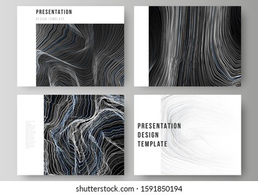 The minimalistic abstract vector illustration of the editable layout of the presentation slides design business templates. Smooth smoke wave, hi-tech concept black color techno background.