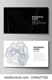 The minimalistic abstract vector illustration of the editable layout of two creative business cards design templates. Smooth smoke wave, hi-tech concept black color techno background.