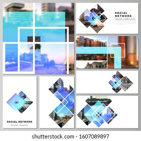 The minimalistic abstract vector illustration of the editable layouts of modern social network mockups in popular formats. Creative trendy style mockups, blue color trendy design backgrounds.