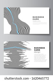 The minimalistic abstract vector illustration of the editable layout of two creative business cards design templates. Abstract big data visualization concept backgrounds with lines and cubes.