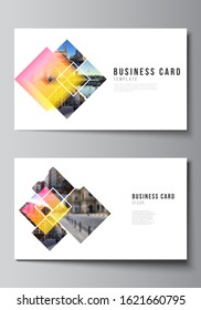The minimalistic abstract vector illustration of the editable layout of two creative business cards design templates. Creative trendy style mockups, blue color trendy design backgrounds.