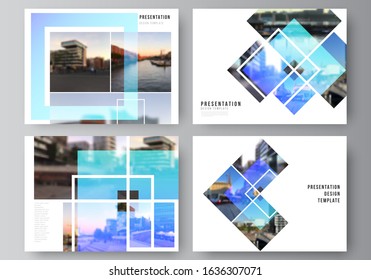 The minimalistic abstract vector illustration of the editable layout of the presentation slides design business templates. Creative trendy style mockups, blue color trendy design backgrounds.