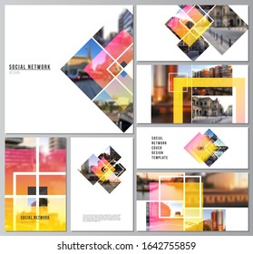 The minimalistic abstract vector illustration of the editable layouts of modern social network mockups in popular formats. Creative trendy style mockups, blue color trendy design backgrounds.