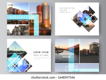 The minimalistic abstract vector illustration of the editable layout of the presentation slides design business templates. Creative trendy style mockups, blue color trendy design backgrounds.