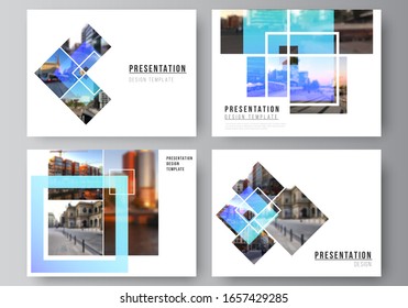 The minimalistic abstract vector illustration of the editable layout of the presentation slides design business templates. Creative trendy style mockups, blue color trendy design backgrounds.