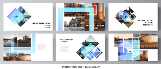 Die minimalistische abstrakte Vektorillustration Illustration des bearbeitbaren Layouts der Präsentationsfolien Design Business Templates. Kreative Mockups im trendigen Stil, blauer, trendiger Designhintergrund.