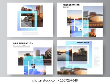 The minimalistic abstract vector illustration of the editable layout of the presentation slides design business templates. Creative trendy style mockups, blue color trendy design backgrounds.