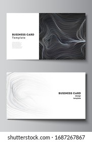 The minimalistic abstract vector illustration of the editable layout of two creative business cards design templates. Smooth smoke wave, hi-tech concept black color techno background.