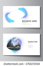 The minimalistic abstract vector illustration of the editable layout of two creative business cards design templates. Blue color gradient abstract dynamic shapes, colorful geometric template design.