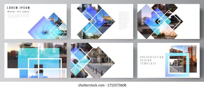 The minimalistic abstract vector illustration of the editable layout of the presentation slides design business templates. Creative trendy style mockups, blue color trendy design backgrounds.