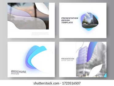 The minimalistic abstract vector illustration of the editable layout of the presentation slides design business templates. Blue color gradient abstract dynamic shapes, colorful geometric template