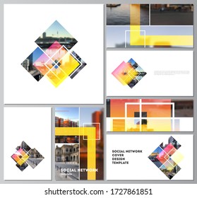 The minimalistic abstract vector illustration of the editable layouts of modern social network mockups in popular formats. Creative trendy style mockups, blue color trendy design backgrounds