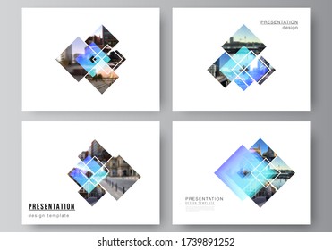 The minimalistic abstract vector illustration of the editable layout of the presentation slides design business templates. Creative trendy style mockups, blue color trendy design backgrounds.