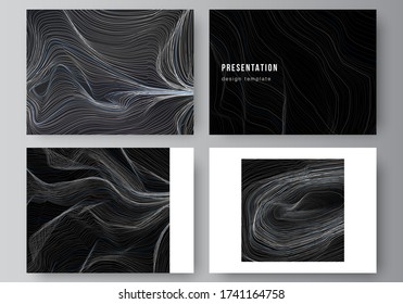 Die minimalistische abstrakte Vektorgrafik des bearbeitbaren Layouts der Präsentationsfolien entwerfen Geschäftsvorlagen. Glatte Rauchwelle, High-Tech-Konzept Schwarz Farbe Techno Hintergrund.